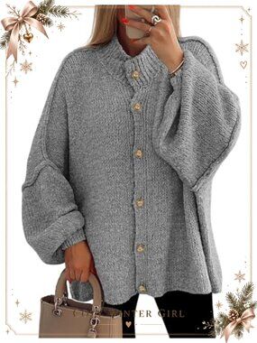 Oversized Chunky Knit Button Down Cardigan Mock Neck Lantern Sleeve